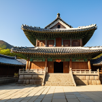 A majestic, wide-angle view of Bulguksa Temple in Gyeongju, South Korea, during a serene early morning. The scene highlights the harmonious blend of ancient stone and elegant wooden architecture, with the iconic Yeongyeo and Chilbo bridges prominently leading upwards, symbolizing a spiritual ascent. Soft sunlight illuminates the intricate details of the eaves and carvings, casting long, peaceful shadows. The overall atmosphere conveys a deep sense of tranquility, ancient wisdom, and the seamless integration of human craftsmanship with nature. Depict the architectural grandeur and the feeling of a timeless, spiritual journey.