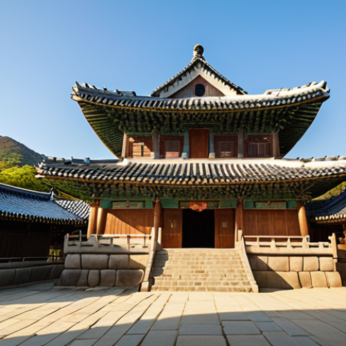 Home 15 A majestic, wide-angle view of Bulguksa Temple in Gyeongju, South Korea, during a serene early morning. The scene highlights the harmonious blend of ancient stone and elegant wooden architecture, with the iconic Yeongyeo and Chilbo bridges prominently leading upwards, symbolizing a spiritual ascent. Soft sunlight illuminates the intricate details of the eaves and carvings, casting long, peaceful shadows. The overall atmosphere conveys a deep sense of tranquility, ancient wisdom, and the seamless integration of human craftsmanship with nature. Depict the architectural grandeur and the feeling of a timeless, spiritual journey.