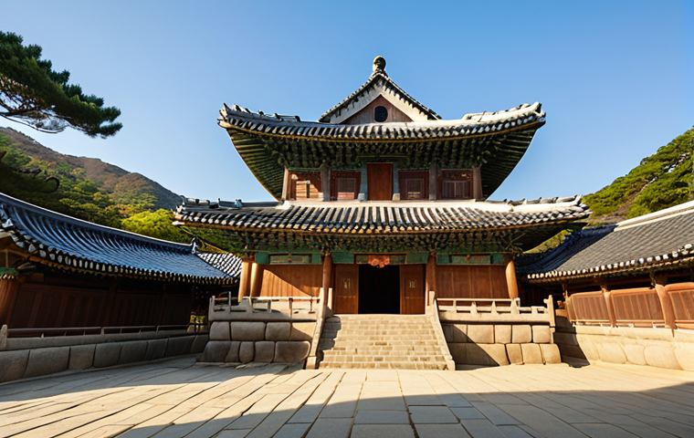 A majestic, wide-angle view of Bulguksa Temple in Gyeongju, South Korea, during a serene early morning. The scene highlights the harmonious blend of ancient stone and elegant wooden architecture, with the iconic Yeongyeo and Chilbo bridges prominently leading upwards, symbolizing a spiritual ascent. Soft sunlight illuminates the intricate details of the eaves and carvings, casting long, peaceful shadows. The overall atmosphere conveys a deep sense of tranquility, ancient wisdom, and the seamless integration of human craftsmanship with nature. Depict the architectural grandeur and the feeling of a timeless, spiritual journey.