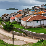 Before Transformation**

A quiet, unassuming coastal village or small island, viewed from a slightly elevated perspective. The scene is dominated by a few old, weathered buildings, perhaps a small, unpaved road winding through it. Infrastructure appears underdeveloped or neglected, with limited signs of modernity. A few local residents are visible, engaged in daily routines, but there's a general sense of low activity and economic stagnation. The atmosphere is muted, perhaps with an overcast sky or dull lighting, conveying a feeling of hidden, untapped potential rather than vibrant life. No tourists are present, and there are no obvious tourist amenities. The overall impression is one of a forgotten, localized place with a past but an uncertain future.

**