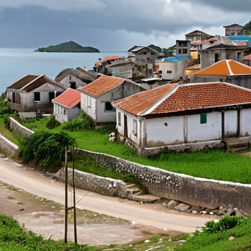 Home 14 Before Transformation**
A quiet, unassuming coastal village or small island, viewed from a slightly elevated perspective. The scene is dominated by a few old, weathered buildings, perhaps a small, unpaved road winding through it. Infrastructure appears underdeveloped or neglected, with limited signs of modernity. A few local residents are visible, engaged in daily routines, but there's a general sense of low activity and economic stagnation. The atmosphere is muted, perhaps with an overcast sky or dull lighting, conveying a feeling of hidden, untapped potential rather than vibrant life. No tourists are present, and there are no obvious tourist amenities. The overall impression is one of a forgotten, localized place with a past but an uncertain future.
**