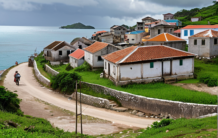 Before Transformation**

A quiet, unassuming coastal village or small island, viewed from a slightly elevated perspective. The scene is dominated by a few old, weathered buildings, perhaps a small, unpaved road winding through it. Infrastructure appears underdeveloped or neglected, with limited signs of modernity. A few local residents are visible, engaged in daily routines, but there's a general sense of low activity and economic stagnation. The atmosphere is muted, perhaps with an overcast sky or dull lighting, conveying a feeling of hidden, untapped potential rather than vibrant life. No tourists are present, and there are no obvious tourist amenities. The overall impression is one of a forgotten, localized place with a past but an uncertain future.

**