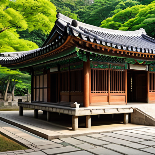 Home 7 A majestic traditional Korean pavilion, Cheongnan Samgeori Jeongja, captured in a wide, professional architectural photograph. The ancient structure stands gracefully at a serene crossroads, surrounded by lush, verdant trees and subtle, well-maintained traditional stone pathways. The scene is bathed in soft, warm daylight, emphasizing the intricate details of the ornate wooden beams and the traditional curved roof. The image conveys a profound sense of historical significance and tranquility, evoking the living history and cultural exchange that once thrived here. High resolution, realistic style. safe for work, appropriate content, fully clothed, modest, perfect anatomy, correct proportions, natural pose, well-formed hands, proper finger count, natural body proportions.