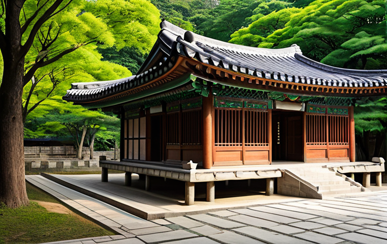 A majestic traditional Korean pavilion, Cheongnan Samgeori Jeongja, captured in a wide, professional architectural photograph. The ancient structure stands gracefully at a serene crossroads, surrounded by lush, verdant trees and subtle, well-maintained traditional stone pathways. The scene is bathed in soft, warm daylight, emphasizing the intricate details of the ornate wooden beams and the traditional curved roof. The image conveys a profound sense of historical significance and tranquility, evoking the living history and cultural exchange that once thrived here. High resolution, realistic style. safe for work, appropriate content, fully clothed, modest, perfect anatomy, correct proportions, natural pose, well-formed hands, proper finger count, natural body proportions.