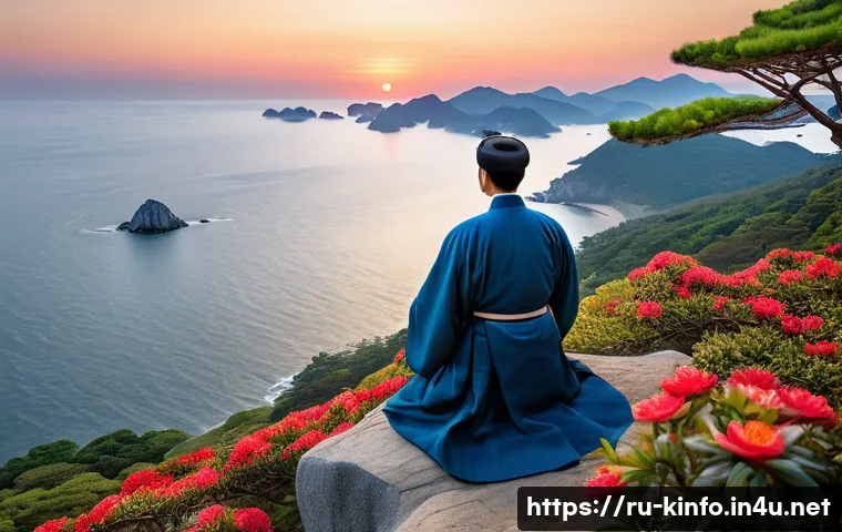 부산 해운대 이름 유래 - **An ancient scholar's contemplation at Dongbaekdo:**
A visually stunning, high-resolution image...