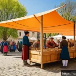 Home 19 경기도 용인 민속촌 관광명소화 - A vibrant cultural festival scene in a small European town square during spring, featuring diverse g...