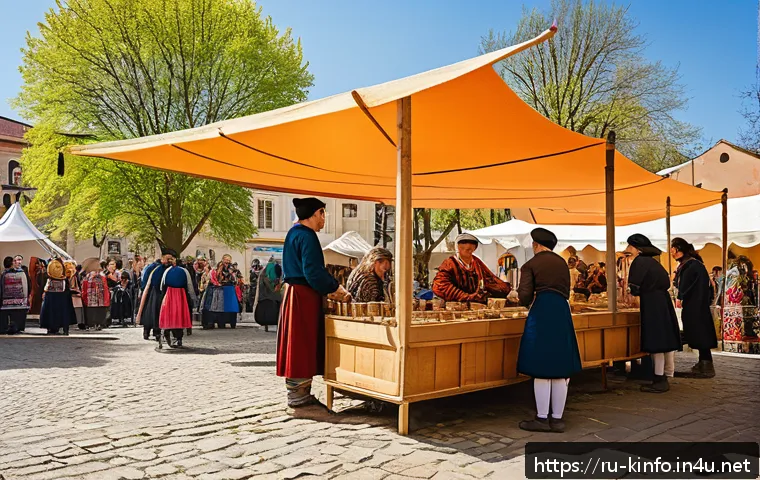 경기도 용인 민속촌 관광명소화 - A vibrant cultural festival scene in a small European town square during spring, featuring diverse g...