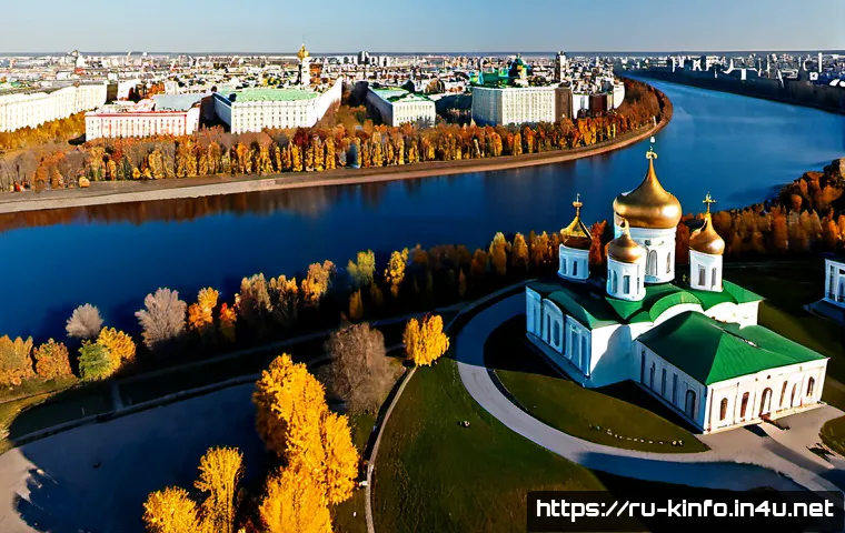 한국 종교적 문화재 분포 - Photorealistic aerial view of Russia’s religious cultural heritage across a historic city, an Orthod...