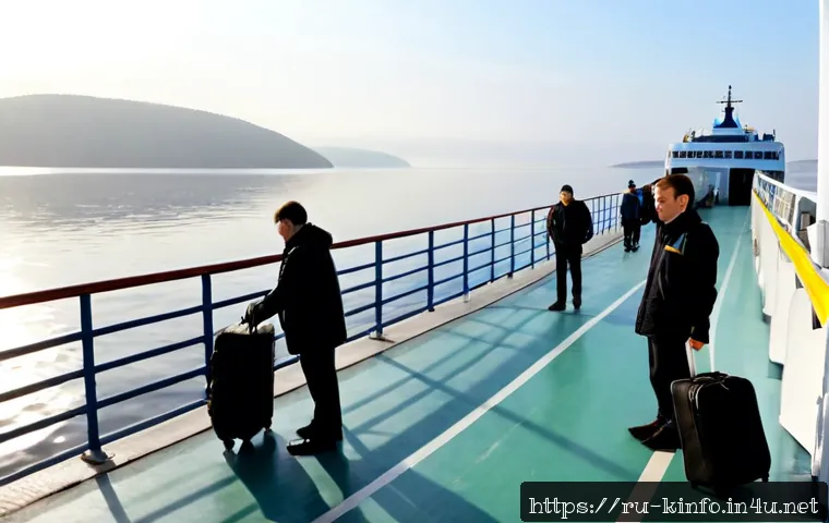 Home 16 강원도 동해 울릉도 해상 교통 - Photorealistic coastal ferry terminal in the Russian Far East, a modern passenger ferry preparing to...